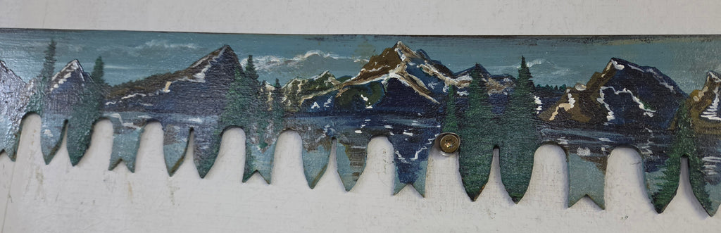 Vintage Hand-Painted Two-Man Crosscut Saw – Mountain Landscape Rustic Wall Art