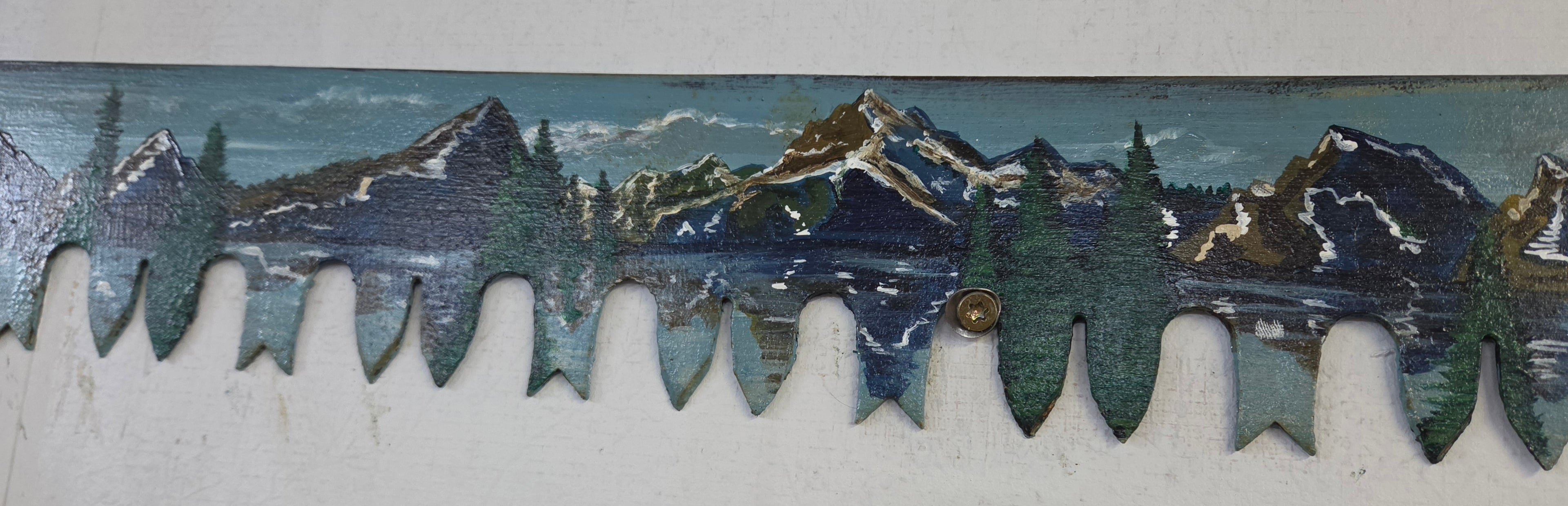 Vintage Hand-Painted Two-Man Crosscut Saw – Mountain Landscape Rustic Wall Art