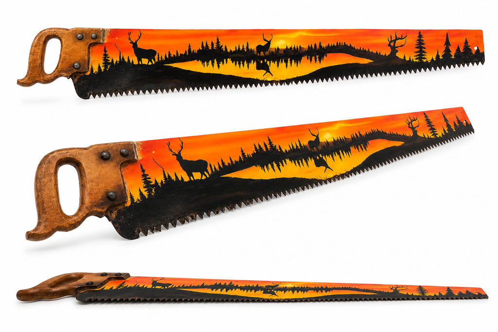 55" Hand-Painted Vintage Crosscut Saw – Rustic Deer Sunset Cabin & Lodge Wall Art