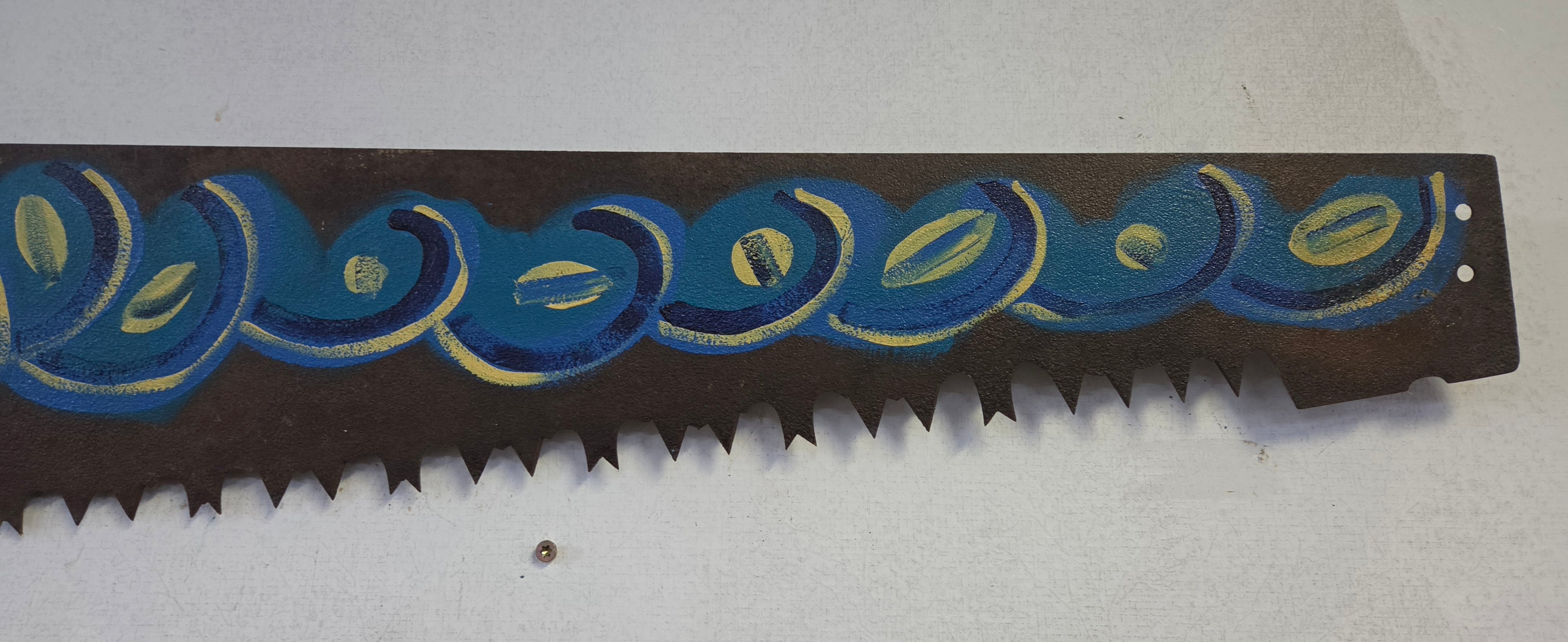 Hand-Painted Vintage Saw Blade – Blue & Gold Abstract Rustic Wall Art