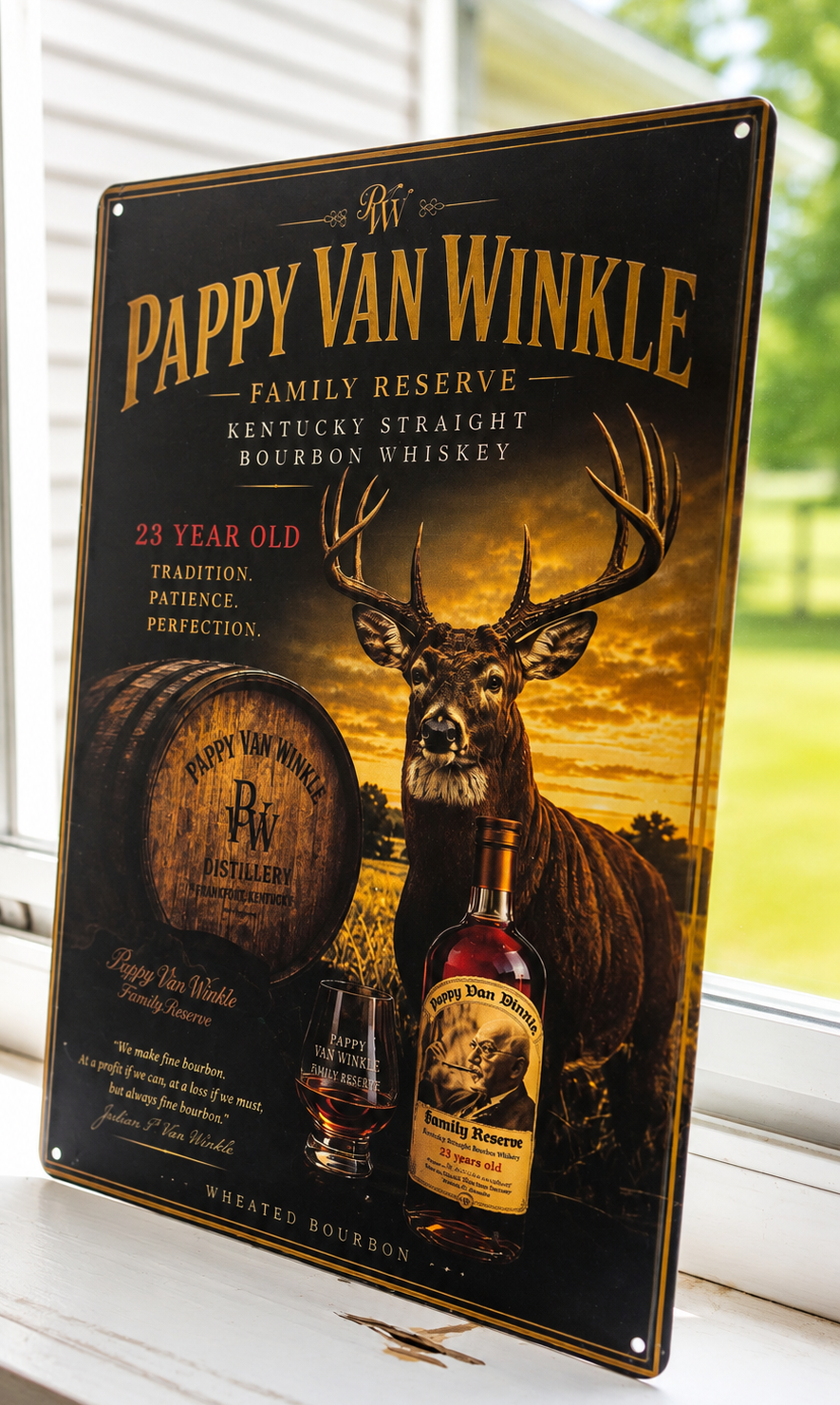 12" x 8" Pappy Van Winkle Deer Metal Sign – Rustic Bourbon Wall Decor | Man Cave, Cabin & Bar Gift