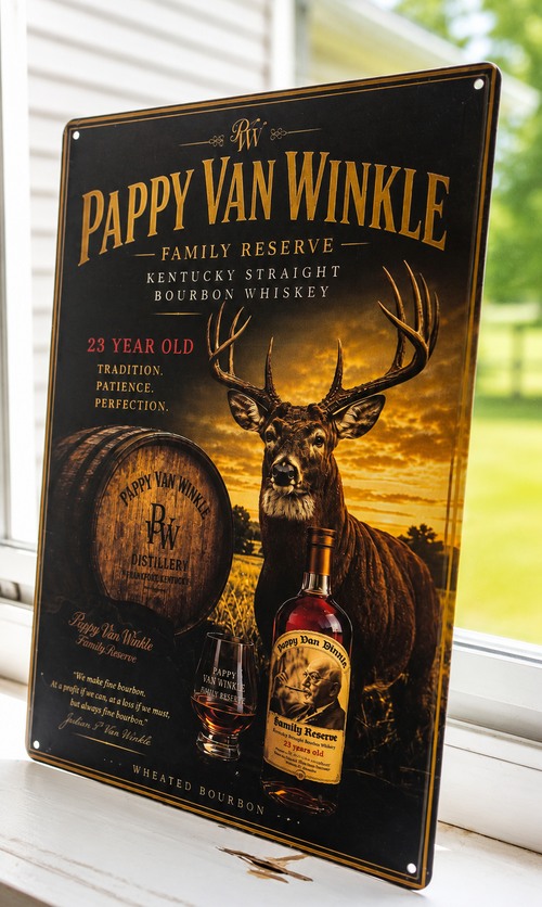 12" x 8" Pappy Van Winkle Deer Metal Sign – Rustic Bourbon Wall Decor | Man Cave, Cabin & Bar Gift