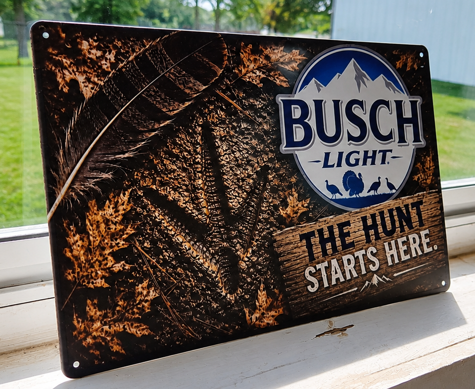 12" x 8" Busch Light Turkey Hunting Metal Sign – "The Hunt Starts Here" Rustic Wall Decor | Man Cave, Cabin & Hunter Gift