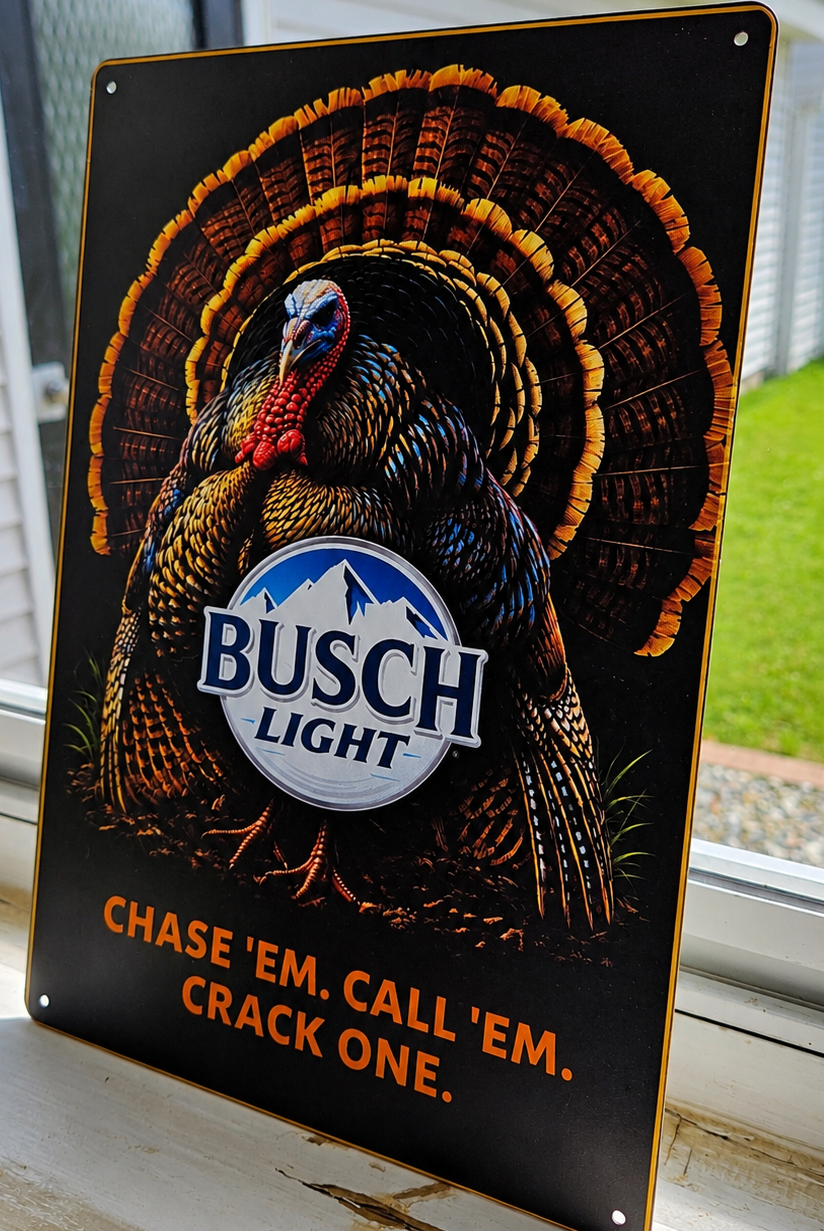 12" x 8" Busch Light Turkey Hunting Metal Sign – "Chase 'Em. Call 'Em. Crack One." Rustic Wall Decor | Cabin, Man Cave & Hunter Gift