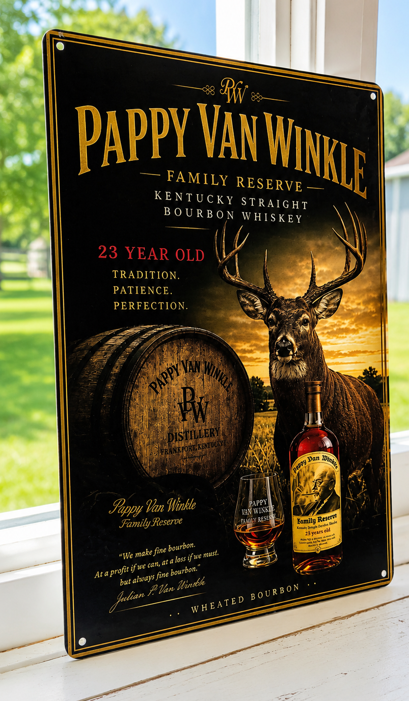 12" x 8" Pappy Van Winkle Deer Metal Sign – Rustic Bourbon Wall Decor | Man Cave, Cabin & Bar Gift
