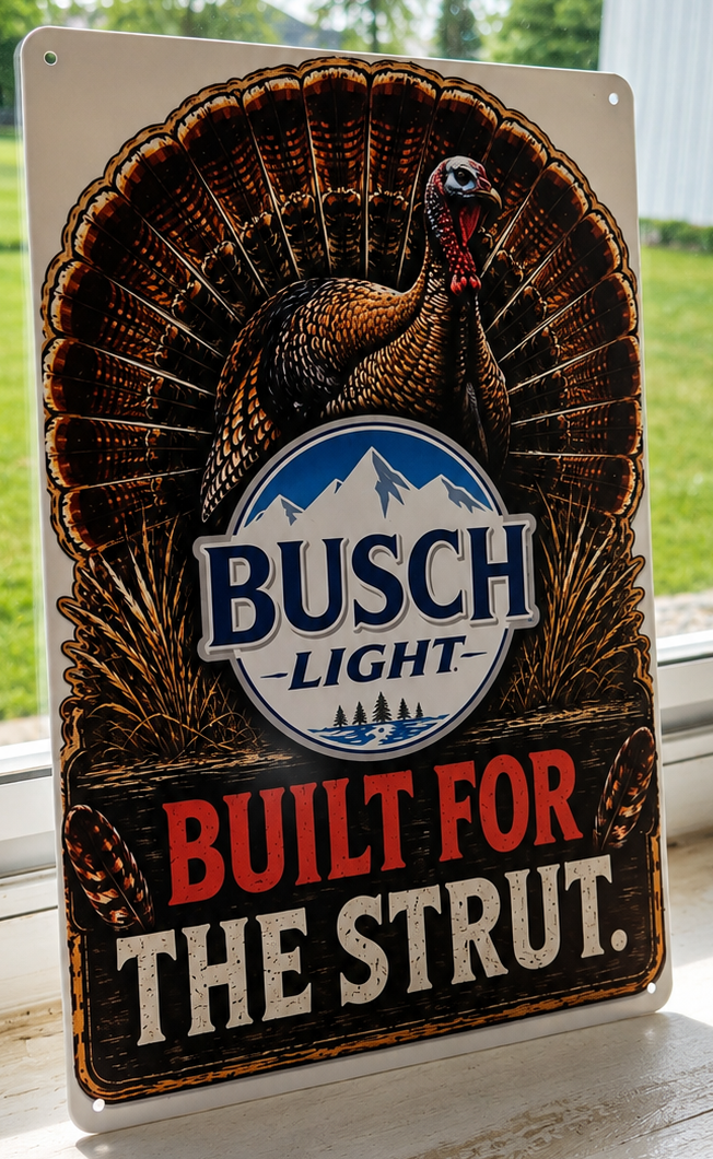 12" x 8" Busch Light "Built for the Strut" Turkey Hunting Metal Sign – Rustic Wall Decor | Man Cave, Cabin & Hunter Gift