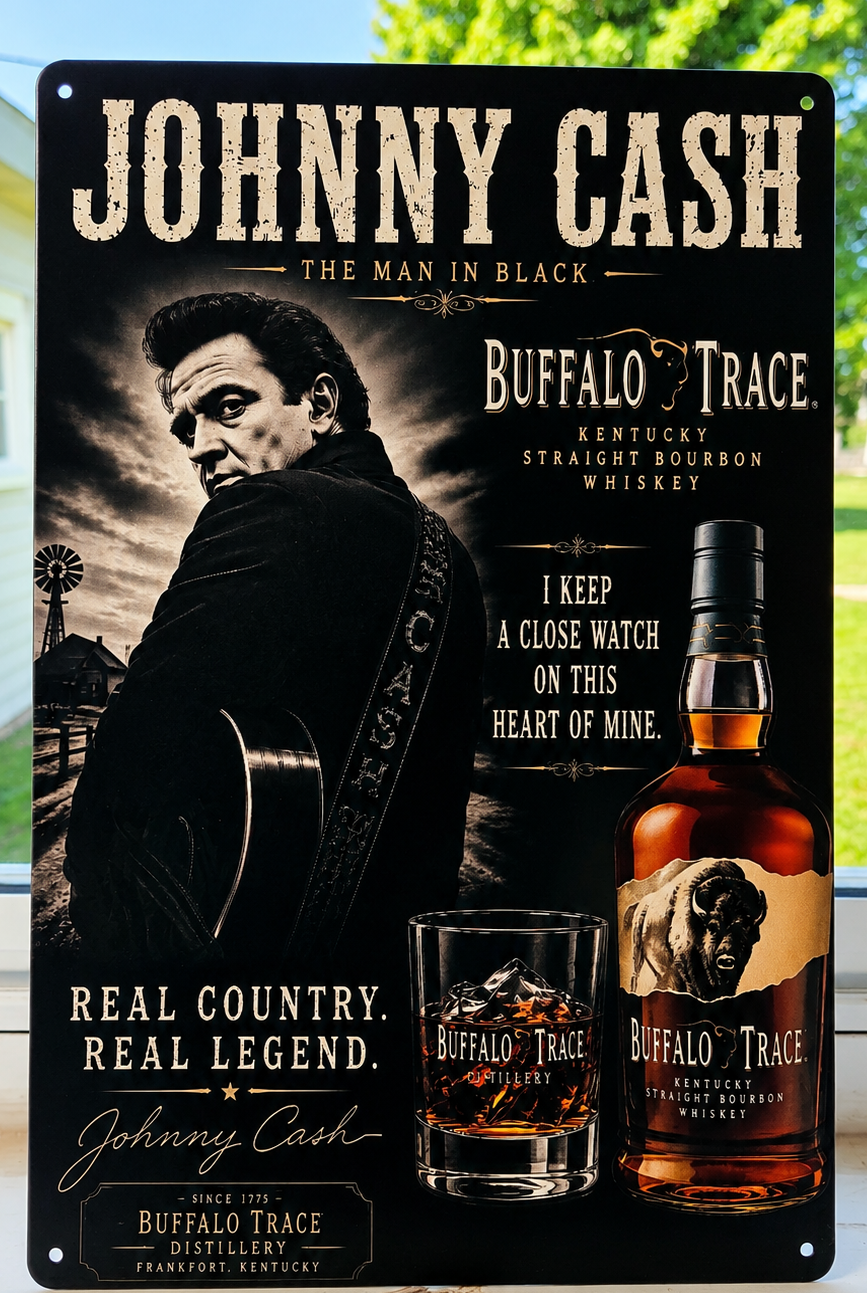 12" x 8" Johnny Cash & Buffalo Trace Metal Sign – Rustic Country Whiskey Wall Decor | Man Cave, Home Bar & Music Lover Gift