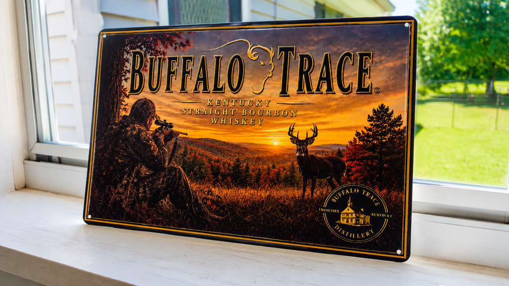 Buffalo Trace Bourbon Deer Hunting Scene Metal Advertising Sign 12"x 8"