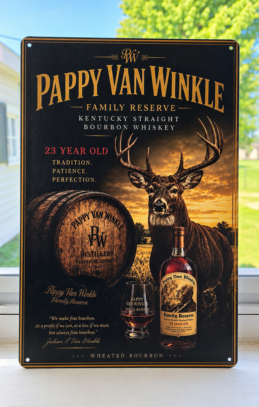 12" x 8" Pappy Van Winkle Deer Metal Sign – Rustic Bourbon Wall Decor | Man Cave, Cabin & Bar Gift