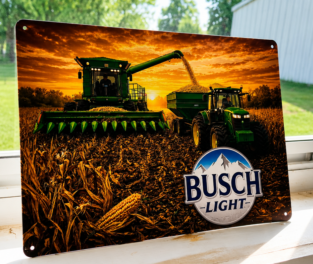 12" x 8" Busch Light Farm Harvest Metal Sign – John Deere Combine & Tractor Wall Decor | Farmhouse, Garage & Man Cave