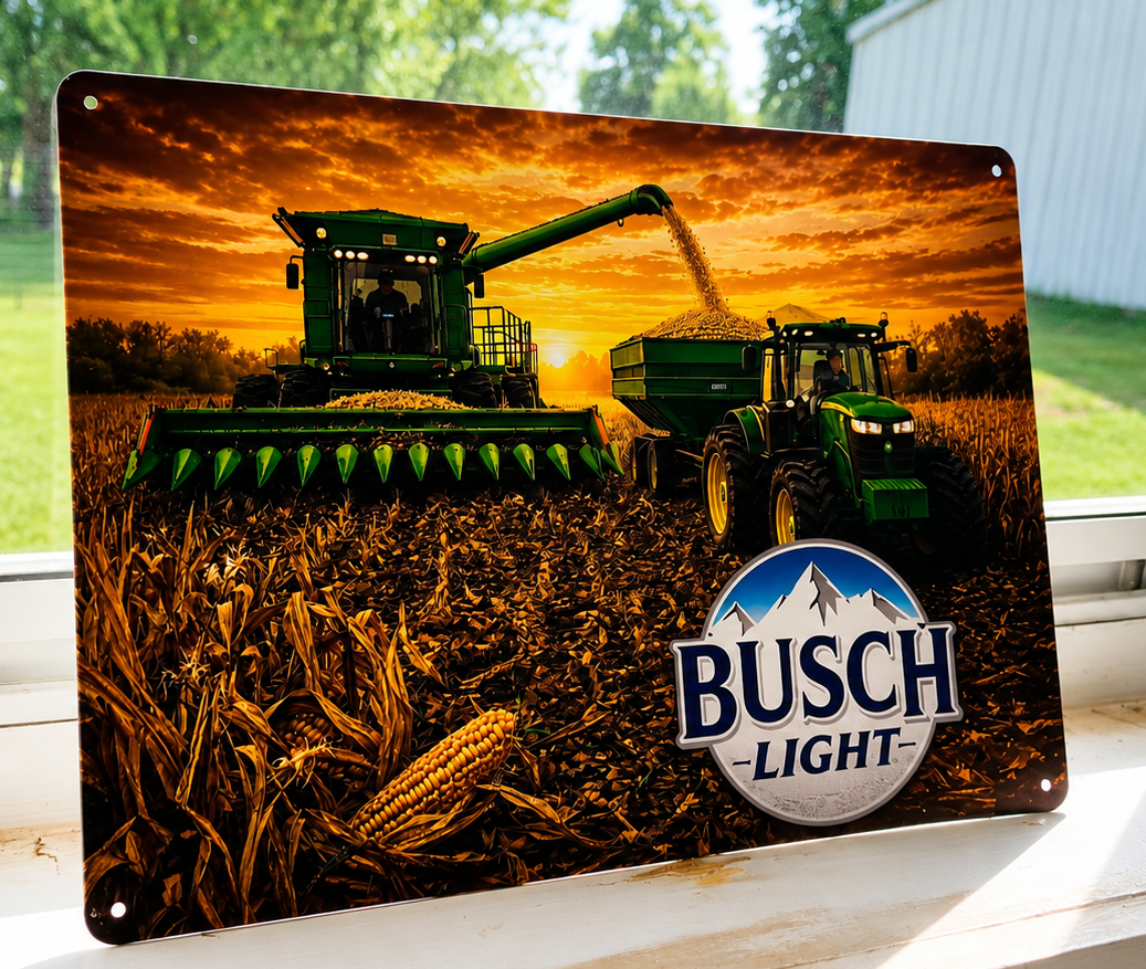 12" x 8" Busch Light Farm Harvest Metal Sign – John Deere Combine & Tractor Wall Decor | Farmhouse, Garage & Man Cave