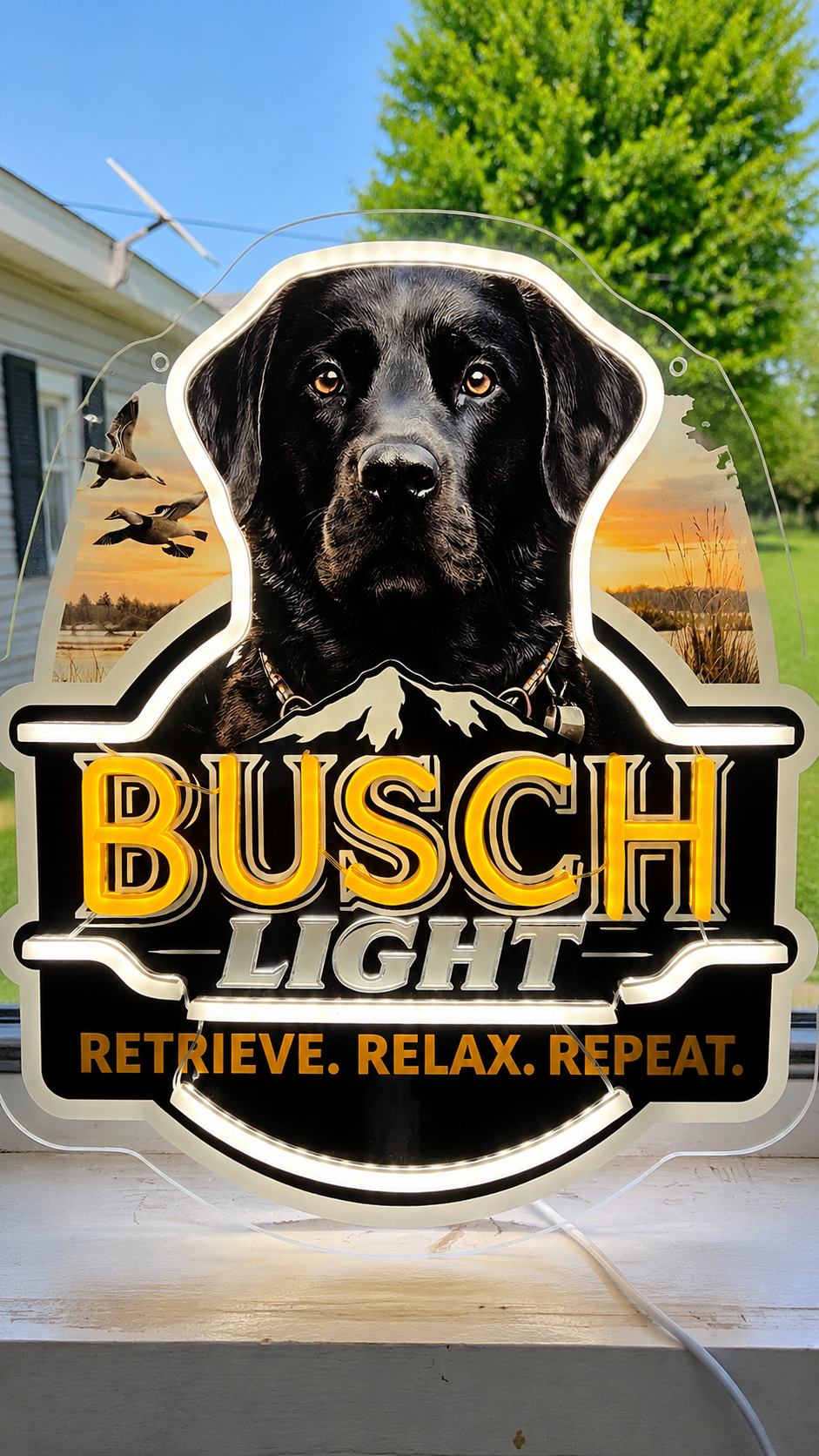 Busch Light "Retrieve. Relax. Repeat." Black Lab Dog Lighted Beer Advertising Sign Hunting Fishing Cabin Sign