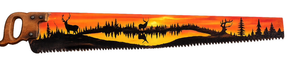 55" Hand-Painted Vintage Crosscut Saw – Rustic Deer Sunset Cabin & Lodge Wall Art