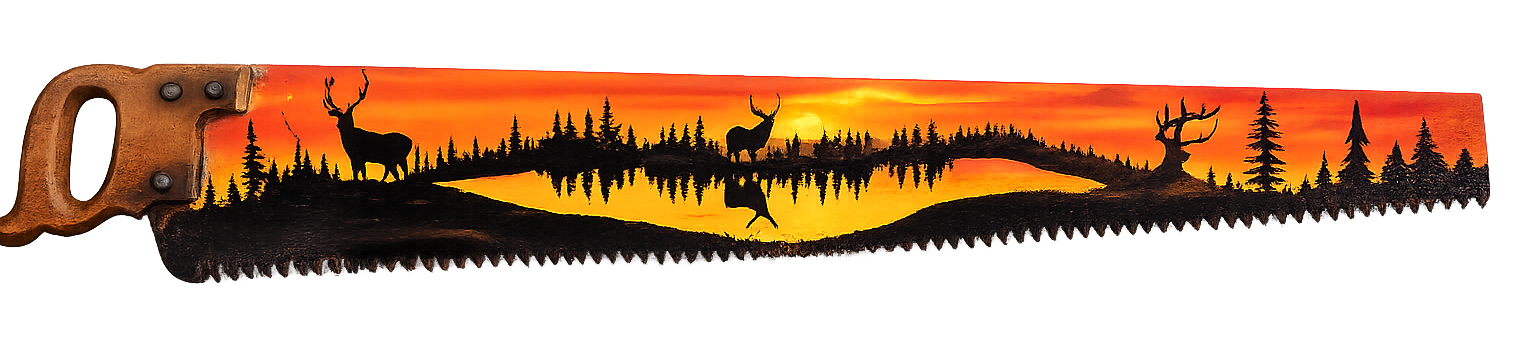 55" Hand-Painted Vintage Crosscut Saw – Rustic Deer Sunset Cabin & Lodge Wall Art
