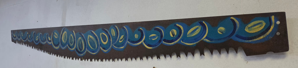 Hand-Painted Vintage Saw Blade – Blue & Gold Abstract Rustic Wall Art