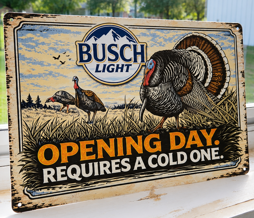 12" x 8" Busch Light Opening Day Requires A Cold One Turkey Hunting Metal Sign – Rustic Hunting Wall Decor | Cabin, Man Cave & Hunter Gift