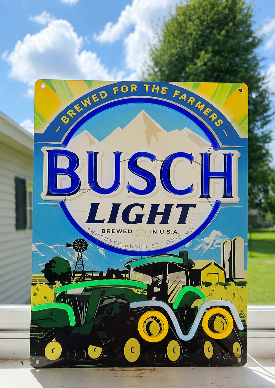 Busch Light "Brewed For The Farmers" John Deere Four-Track Tractor Lighted Beer Advertising Sign 8RX Series
