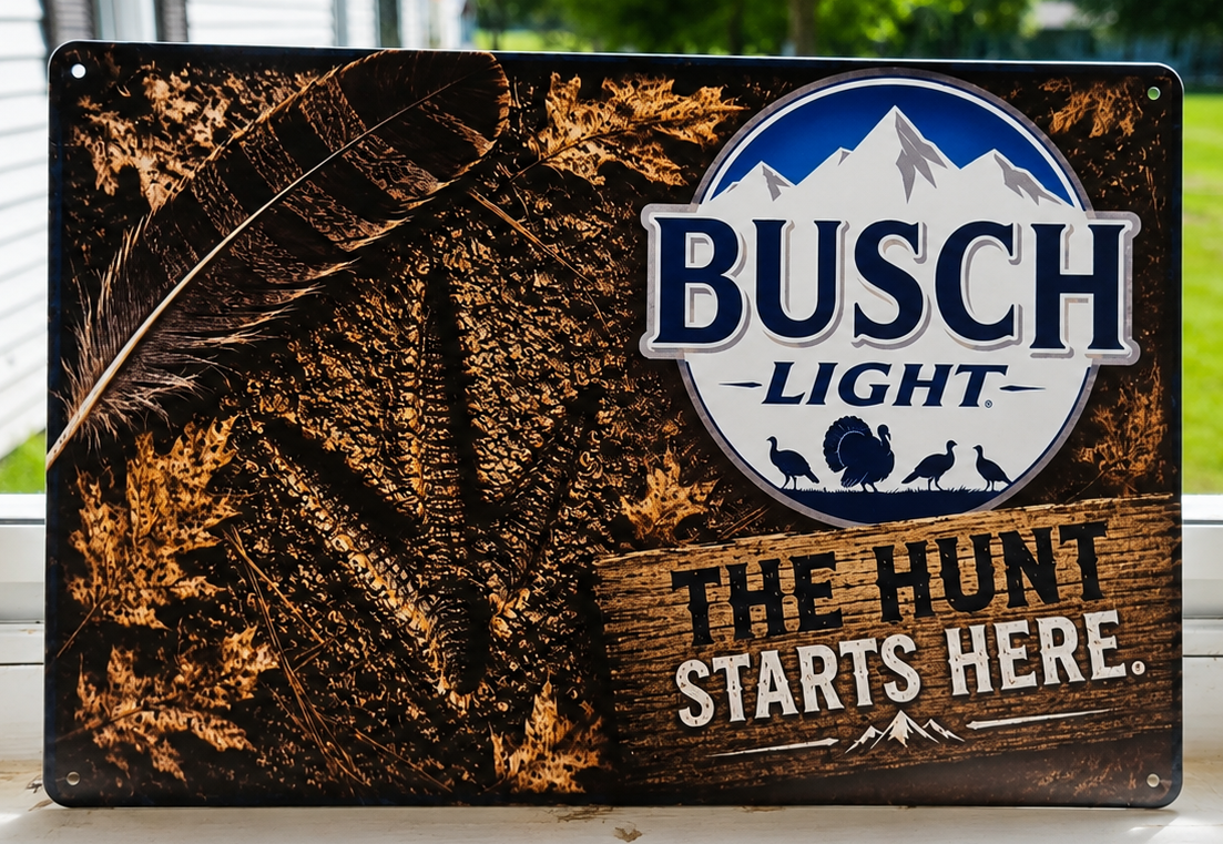 12" x 8" Busch Light Turkey Hunting Metal Sign – "The Hunt Starts Here" Rustic Wall Decor | Man Cave, Cabin & Hunter Gift