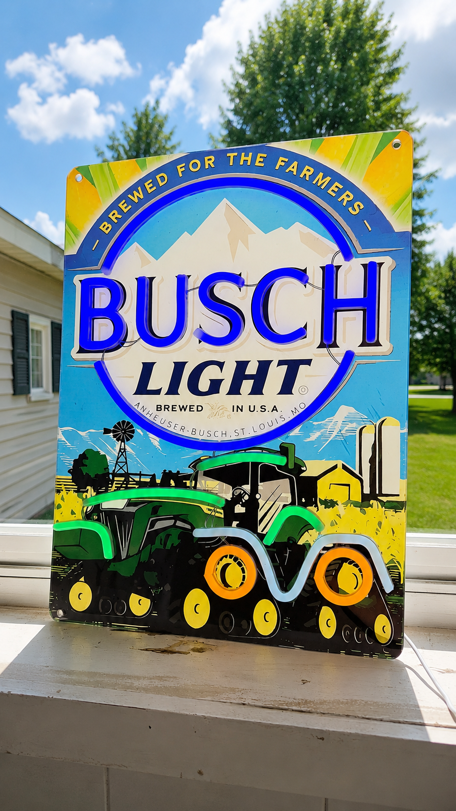 Busch Light "Brewed For The Farmers" John Deere Four-Track Tractor Lighted Beer Advertising Sign 8RX Series