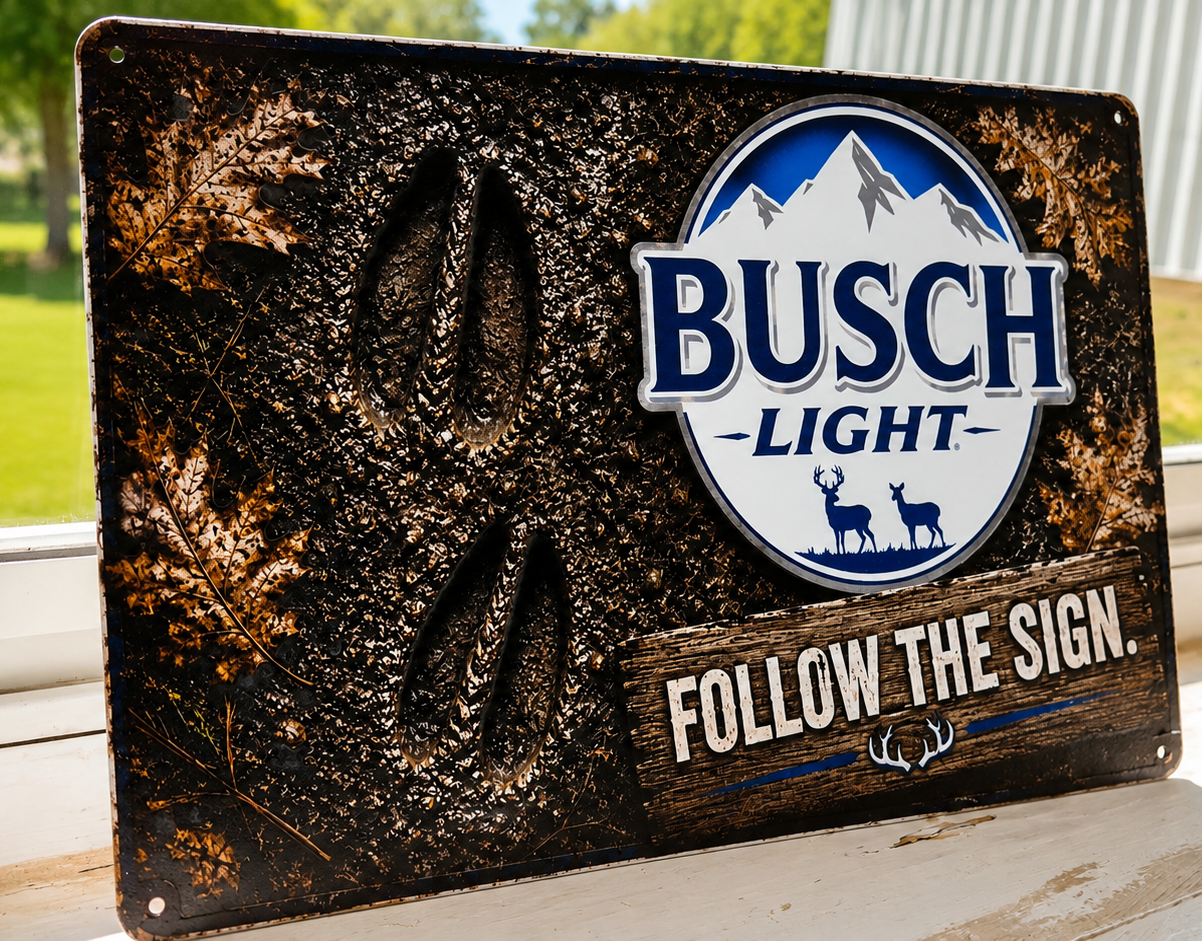 12"x8" Busch Light "Follow the Sign" Deer Track Metal Sign | Rustic Hunting Cabin & Man Cave Wall Decor