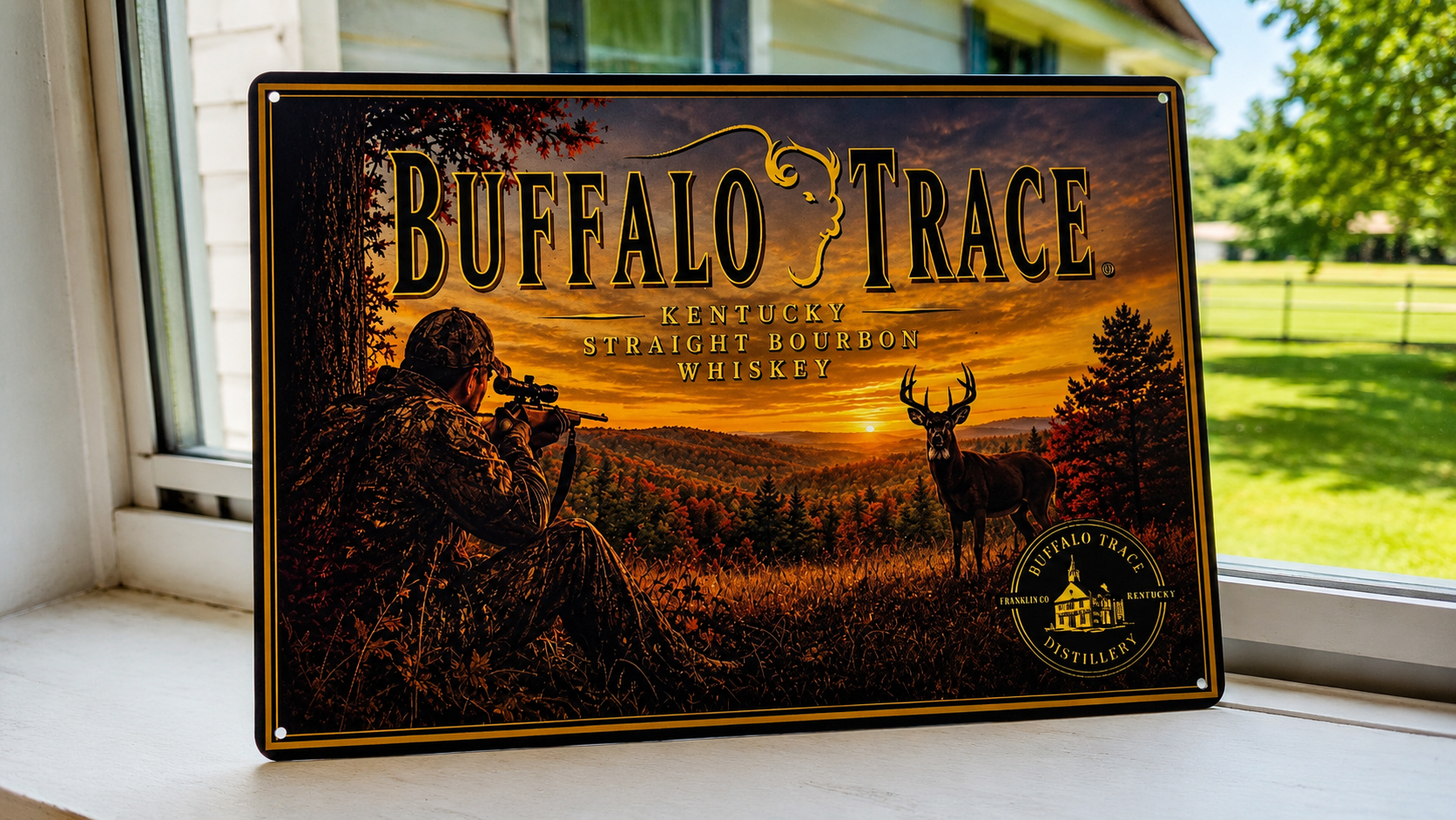 Buffalo Trace Bourbon Deer Hunting Scene Metal Advertising Sign 12"x 8"