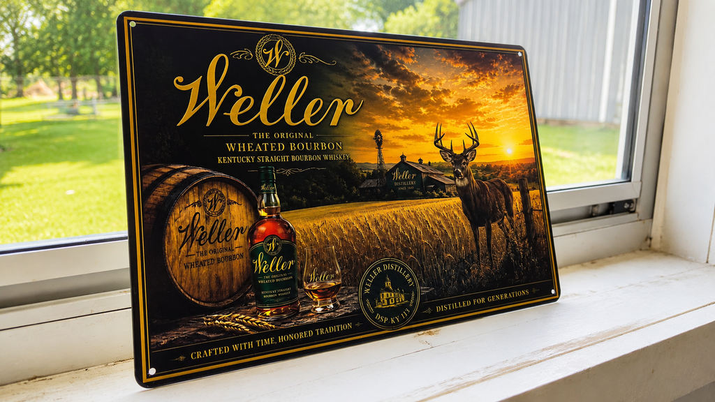 Weller Bourbon Whitetail Deer Metal Advertising Sign Hunting Barrel Distillery 12"x8"
