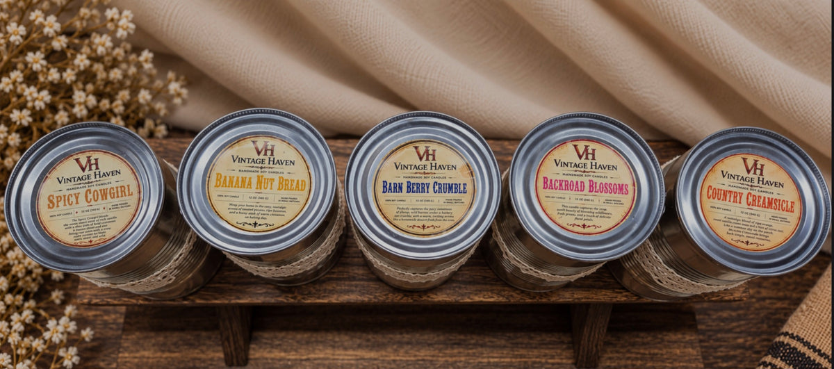 Vintage Haven Handmade 12oz Soy Wax Candles | Rustic Farmhouse Scent Collection