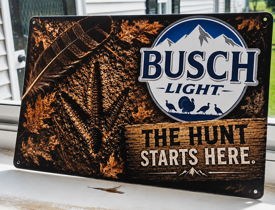 12" x 8" Busch Light Turkey Hunting Metal Sign – "The Hunt Starts Here" Rustic Wall Decor | Man Cave, Cabin & Hunter Gift