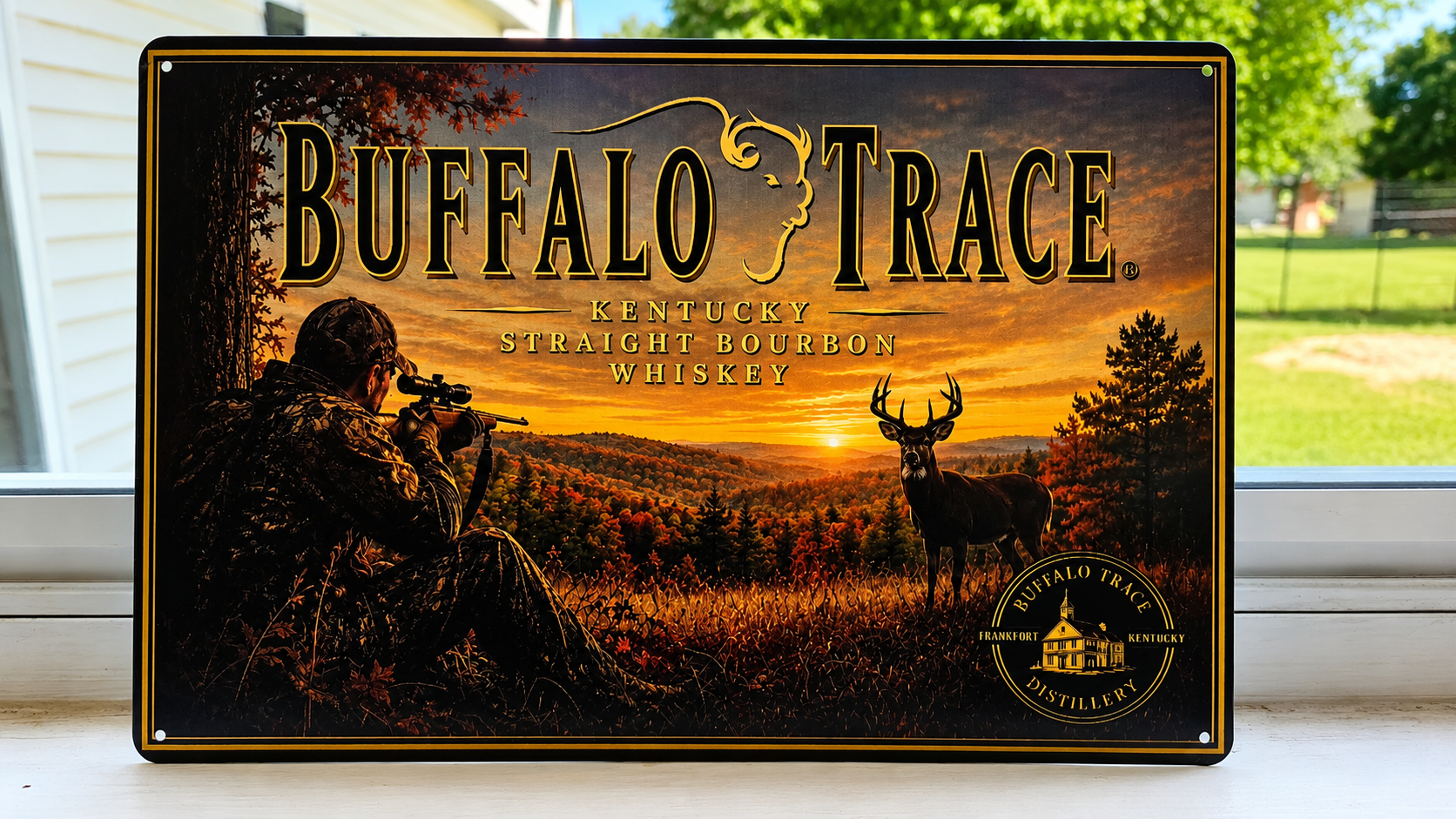 Buffalo Trace Bourbon Deer Hunting Scene Metal Advertising Sign 12"x 8"