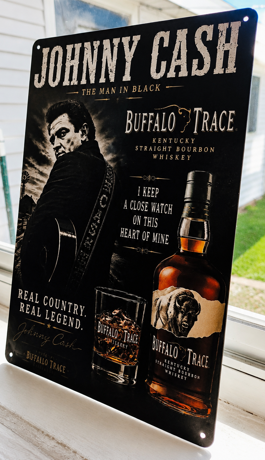 12" x 8" Johnny Cash & Buffalo Trace Metal Sign – Rustic Country Whiskey Wall Decor | Man Cave, Home Bar & Music Lover Gift