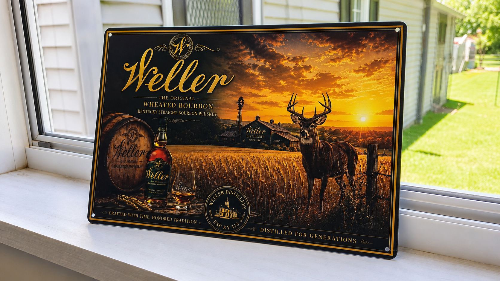 Weller Bourbon Whitetail Deer Metal Advertising Sign Hunting Barrel Distillery 12"x8"