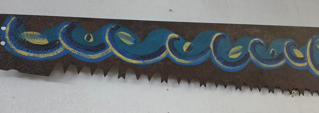 Hand-Painted Vintage Saw Blade – Blue & Gold Abstract Rustic Wall Art