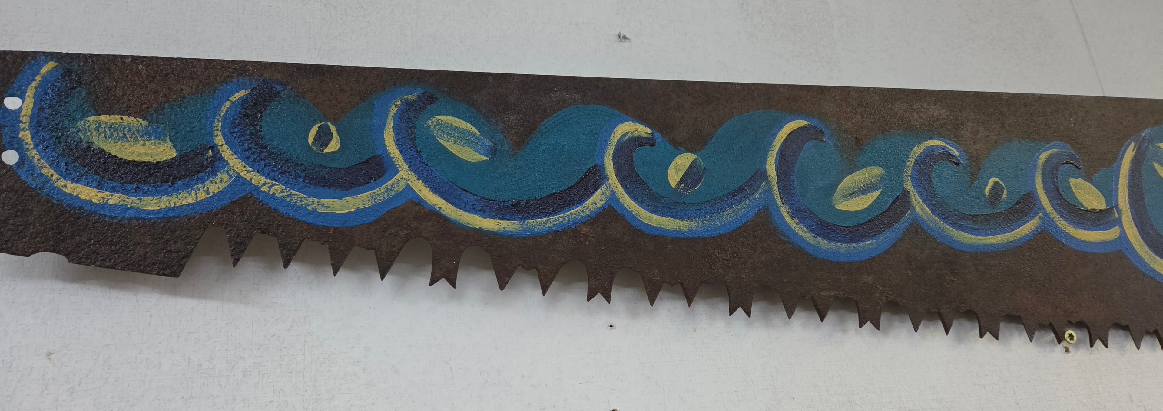 Hand-Painted Vintage Saw Blade – Blue & Gold Abstract Rustic Wall Art