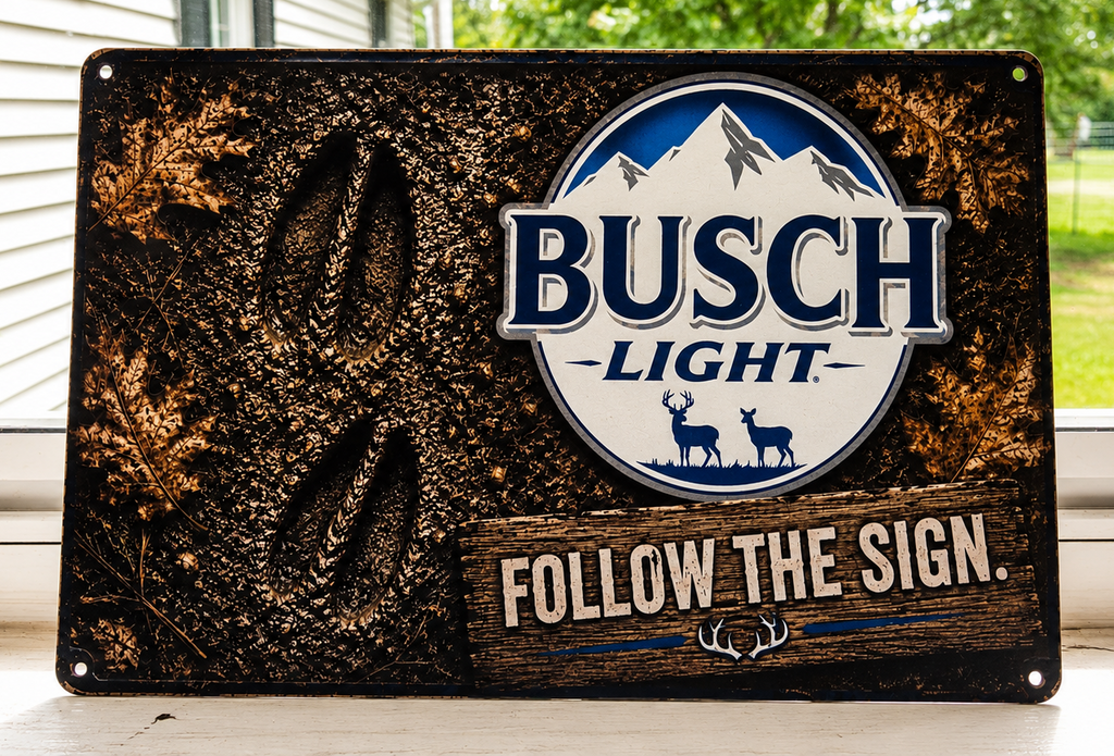 12"x8" Busch Light "Follow the Sign" Deer Track Metal Sign | Rustic Hunting Cabin & Man Cave Wall Decor