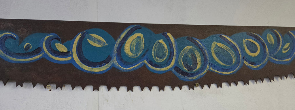 Hand-Painted Vintage Saw Blade – Blue & Gold Abstract Rustic Wall Art
