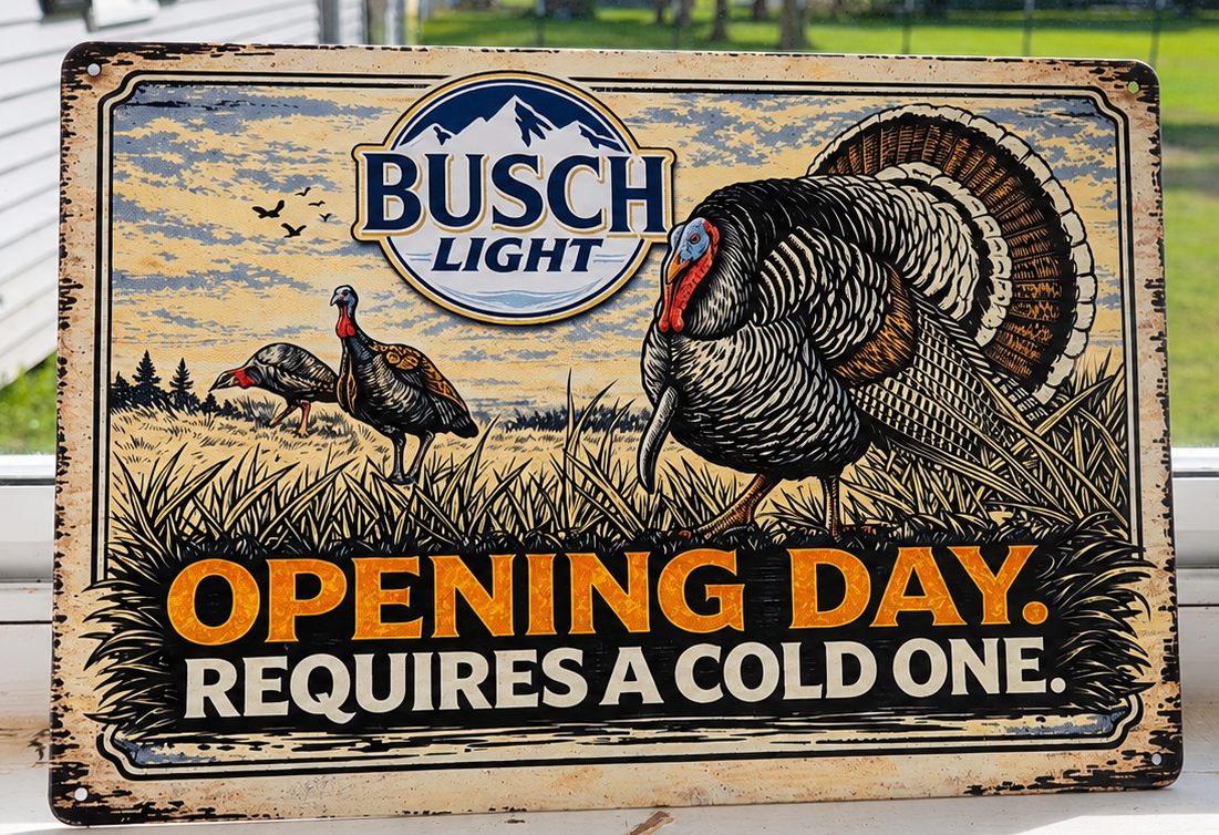 12" x 8" Busch Light Opening Day Requires A Cold One Turkey Hunting Metal Sign – Rustic Hunting Wall Decor | Cabin, Man Cave & Hunter Gift