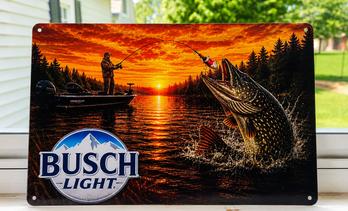 busch beer fish hook commercial Light Bluegill Fishing Metal Advertising Sign 12 x 8 Busch Beer TV Spot, 'Ron