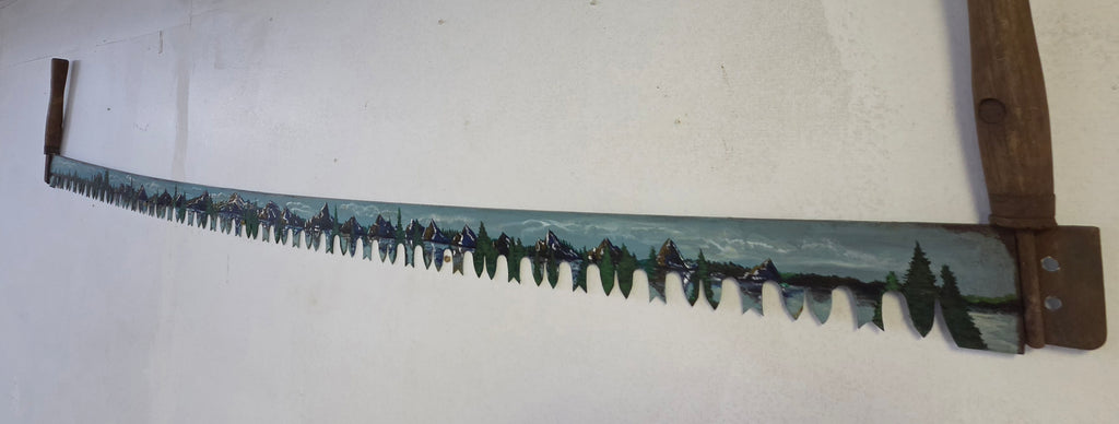 Vintage Hand-Painted Two-Man Crosscut Saw – Mountain Landscape Rustic Wall Art