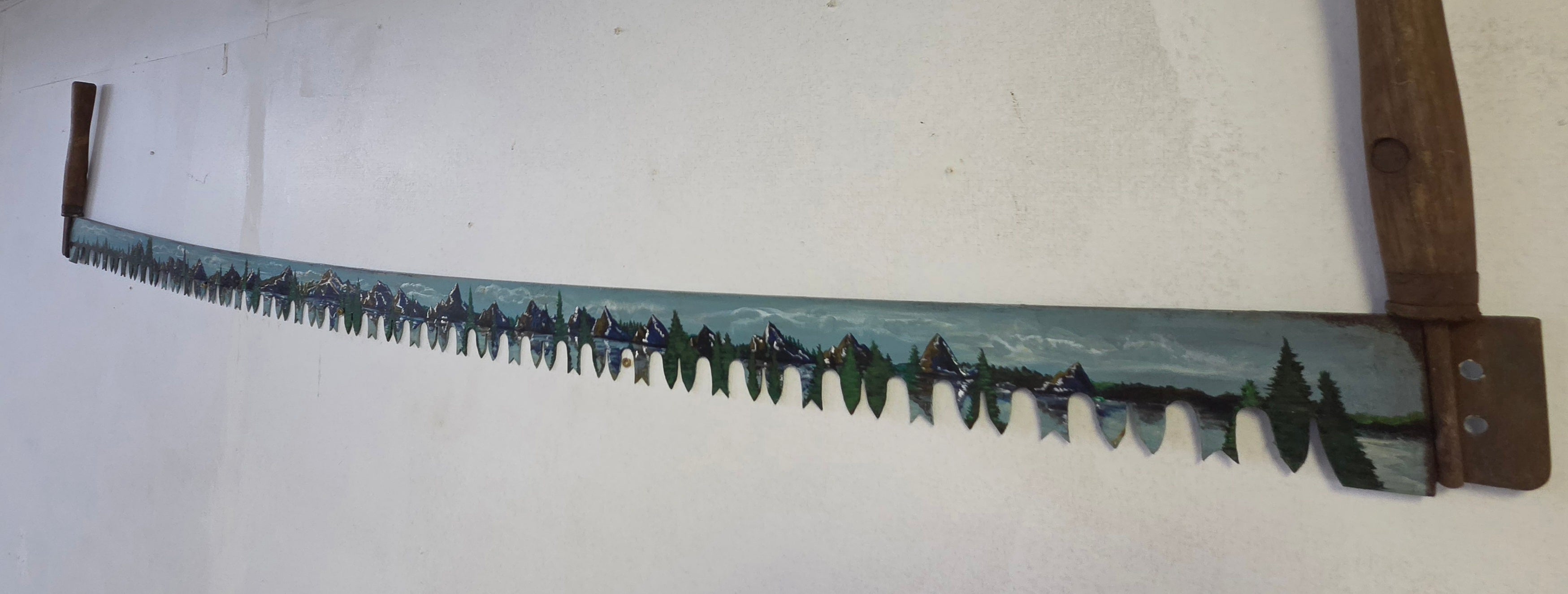 Vintage Hand-Painted Two-Man Crosscut Saw – Mountain Landscape Rustic Wall Art